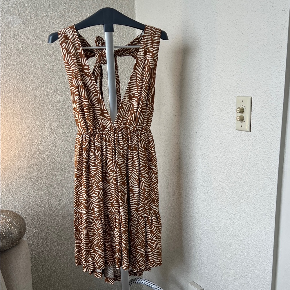 Brown Leaf Print Halter Dress